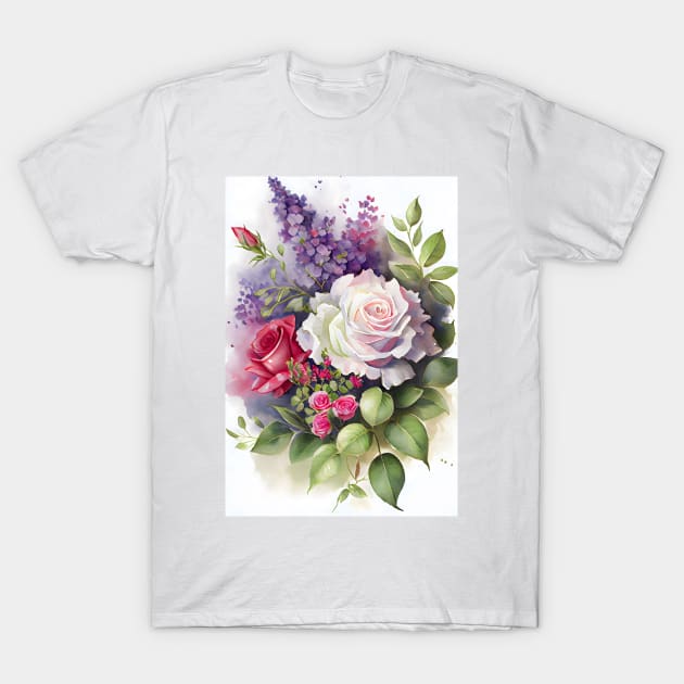 Rose Valentine Flower Bouquet Watercolor T-Shirt by designs4days